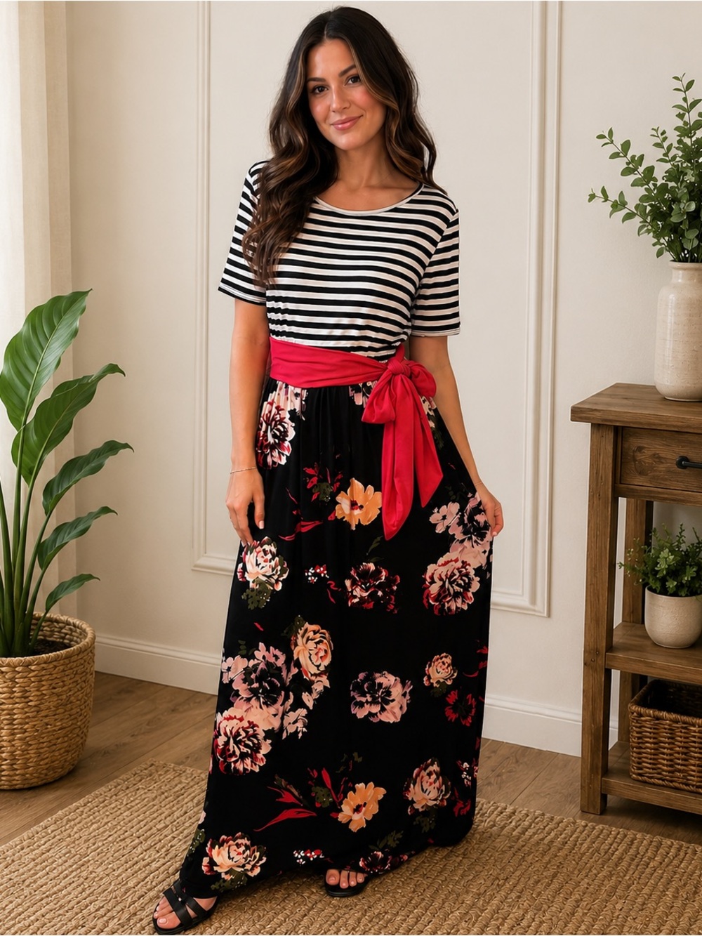 Reborn J Black Floral Maxi Dress | Striped Top | Pockets | Size M